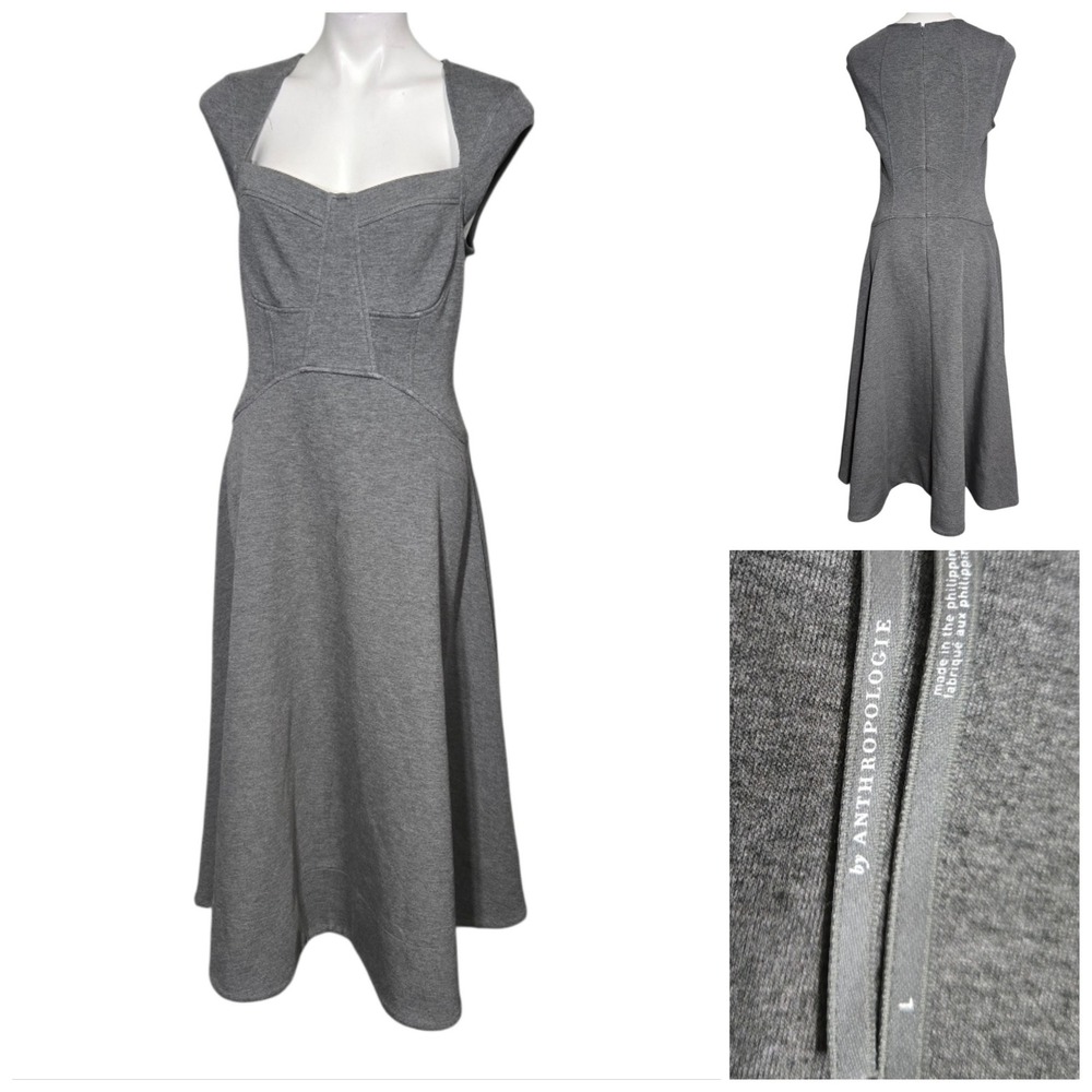 By Anthropologie Heathered Sweetheart Midi Dress gray sz L cap sleeve A-line